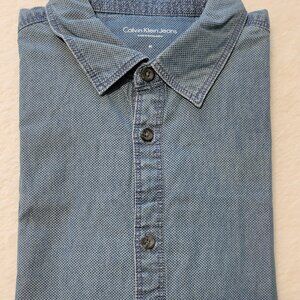 Calvin Klein Jeans Blue Pindot Long Sleeve Button Front Casual Shirt Mens Medium